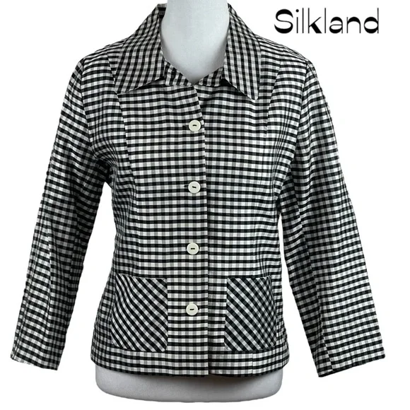 SilkLand Black White Plaid Silk Jacket Size 4 - Picture 2 of 11